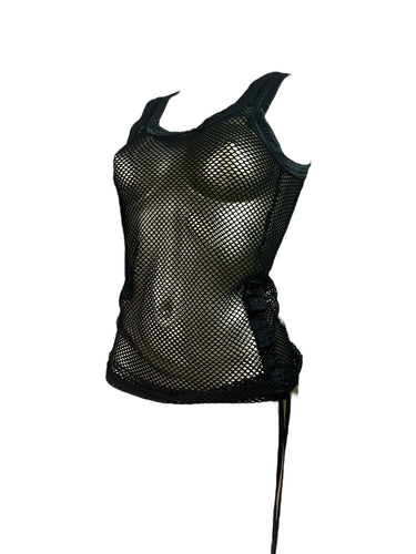 Black fishnet ruched tank top (S/M)