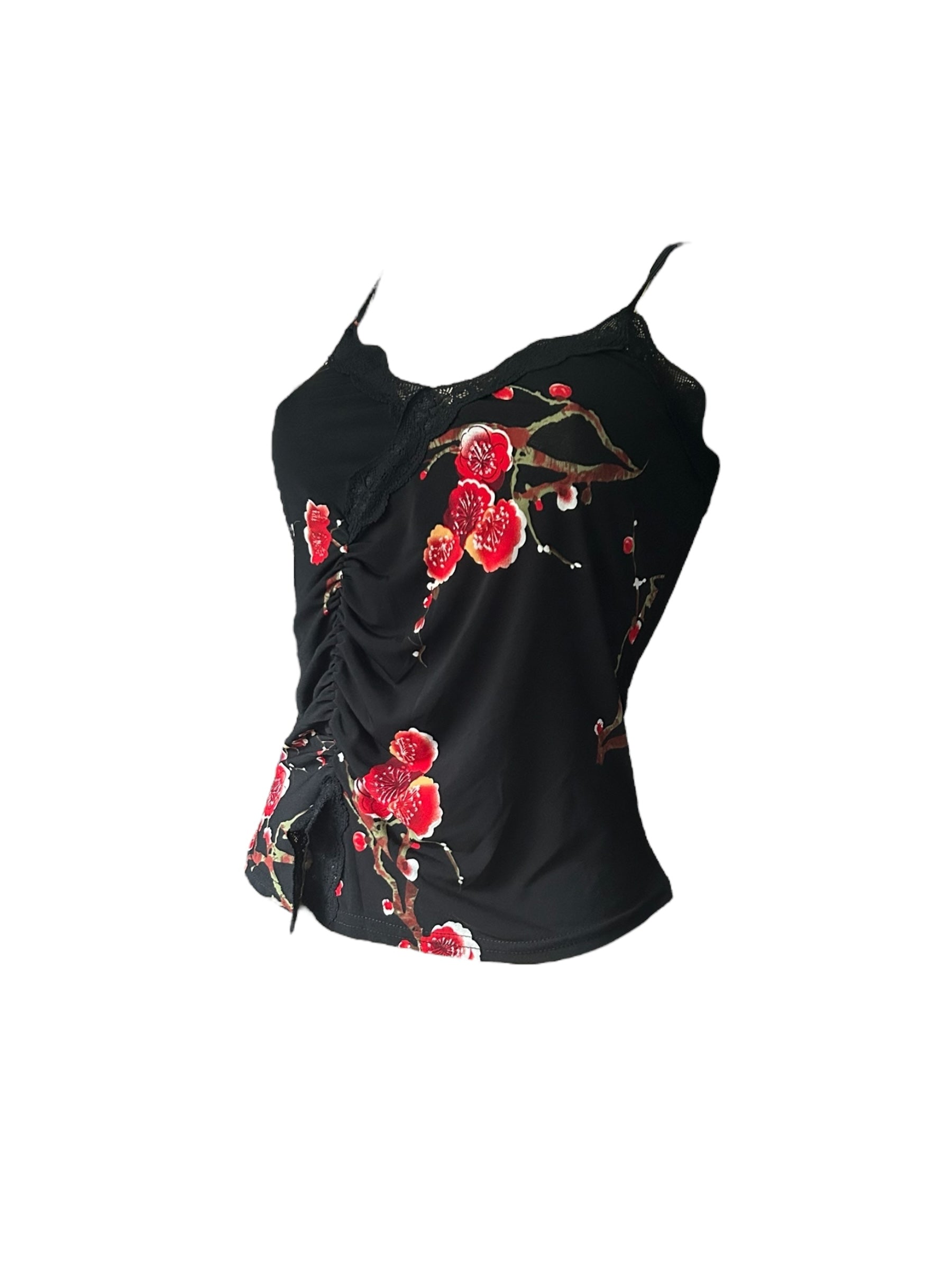 Black floral print asymmetric cami top (S/M)