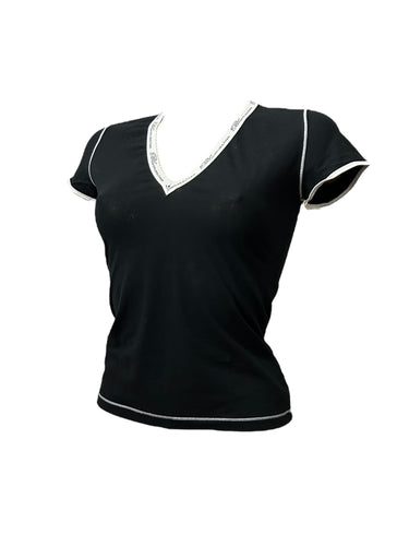 Black V neck tight fit logo tee (M)