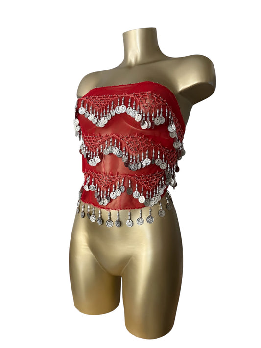 Red mesh sequins multiway pareo tie up mini skirt / top