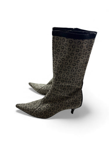 Grey monogram zip up pointed toes heels boots (38)