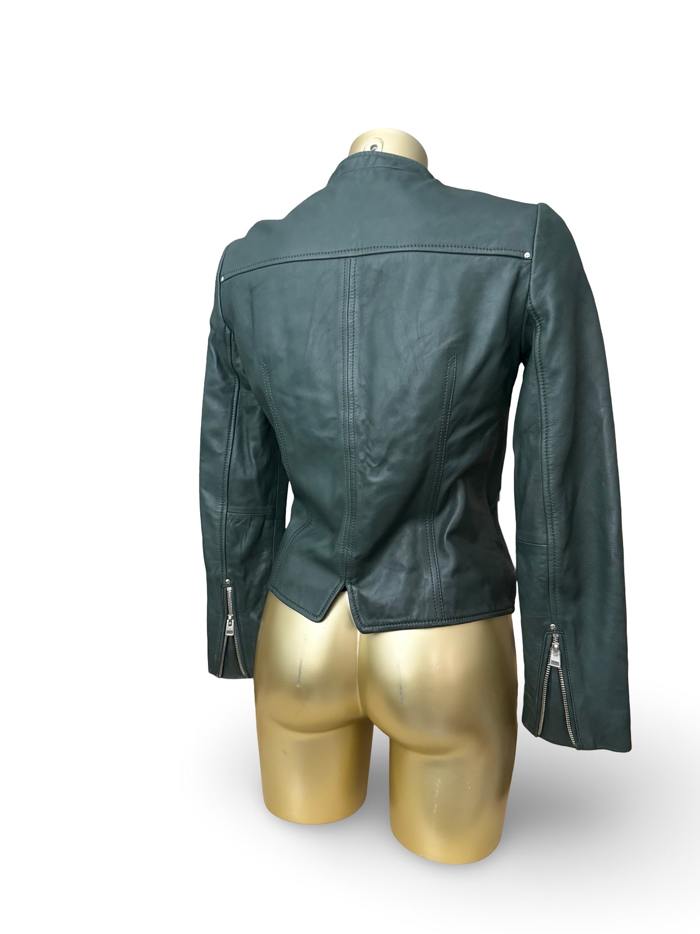 Dark green real leather zip up tight fit jacket (S)