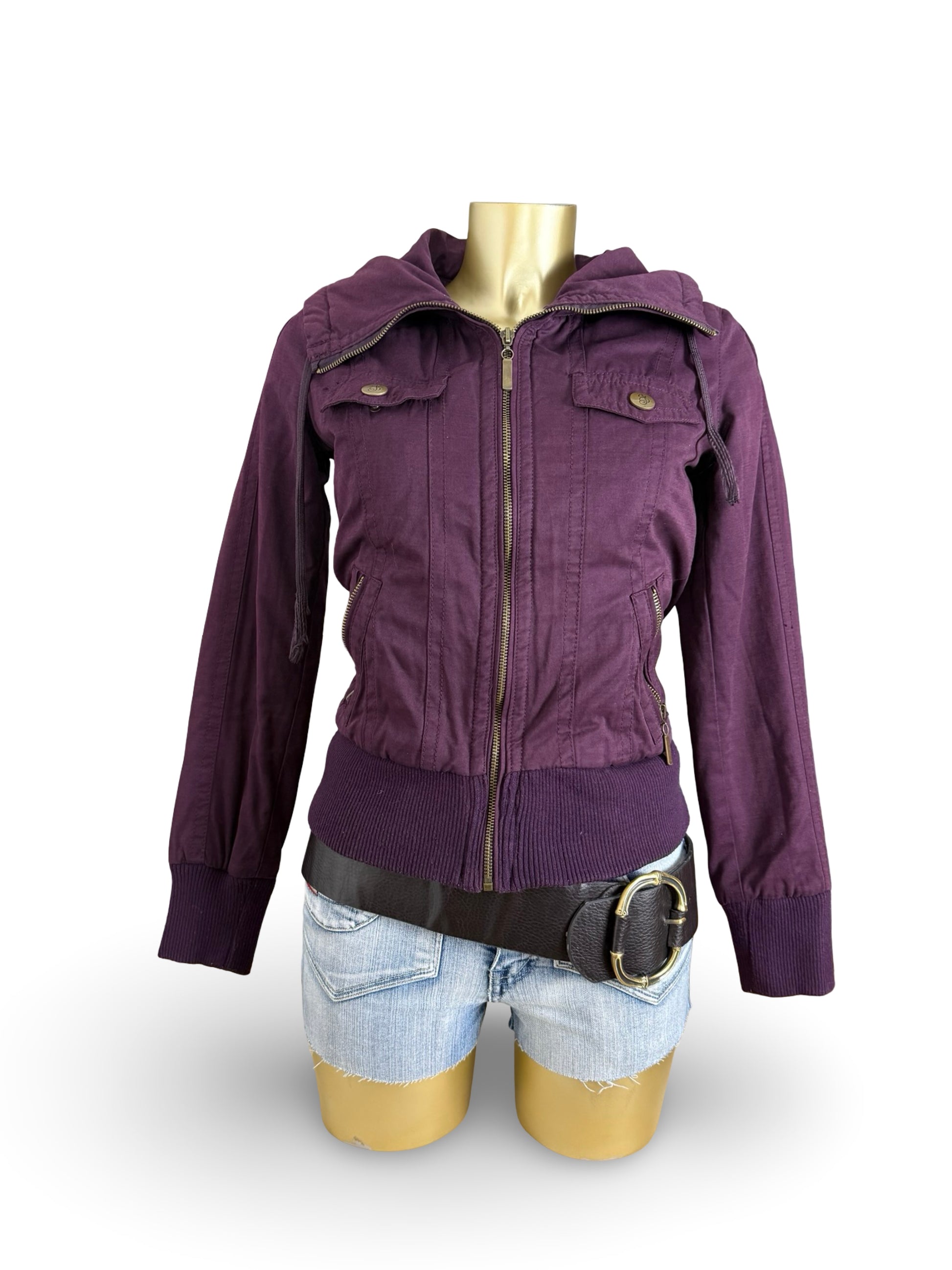 Purple zip up high neck biker jacket (S)