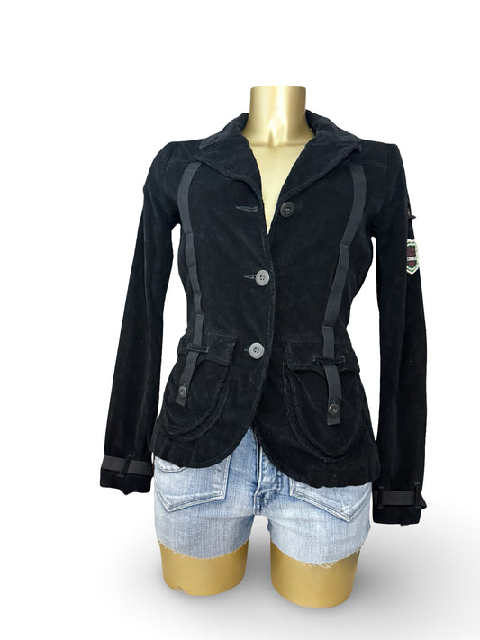 Black velvet ribbed biker jacket (S)