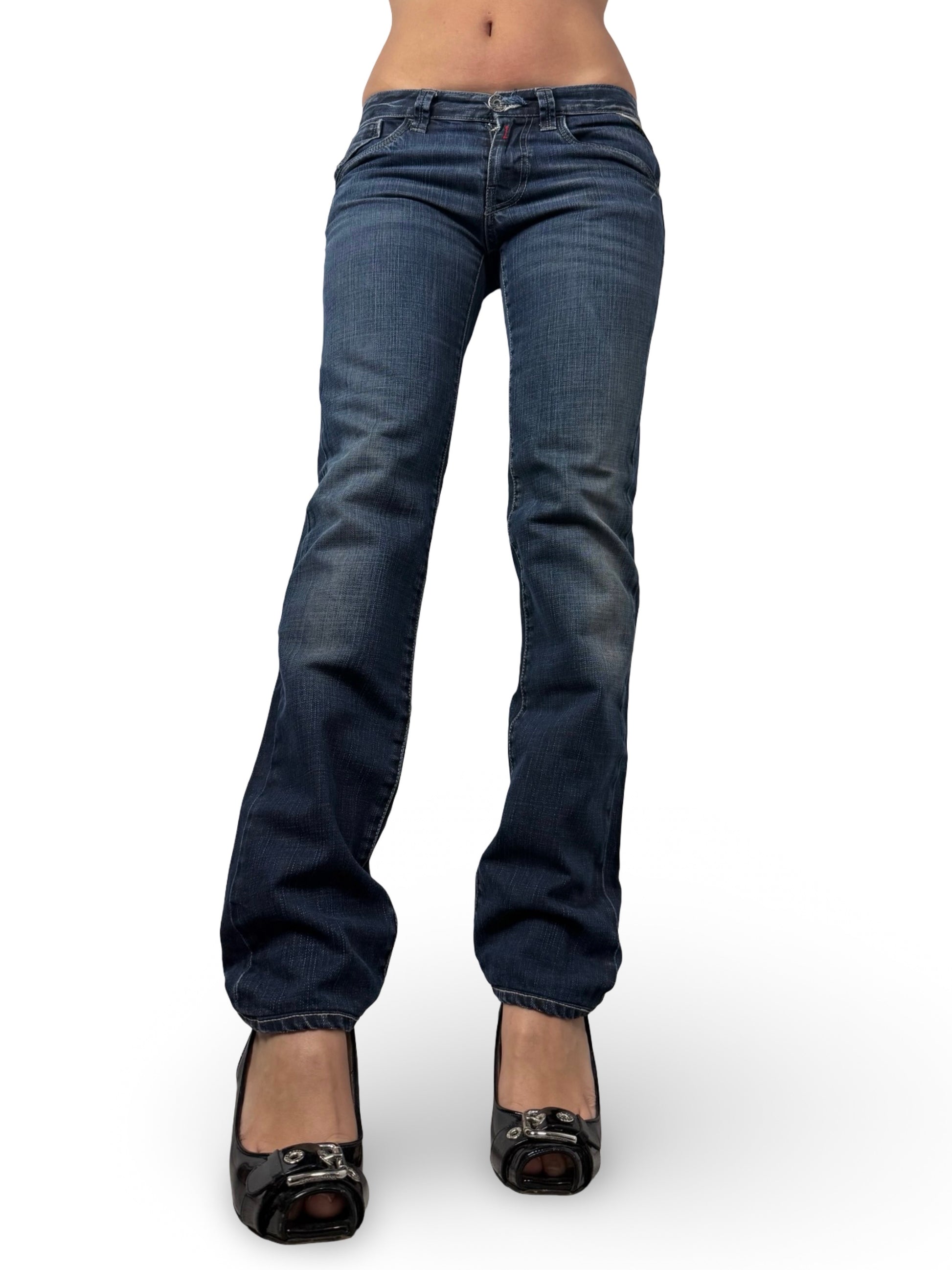 Navy blue low rise straight legs denim pants (S)