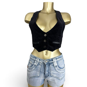 Black velvet tight fit waistcoat sleeveless blazer (M)