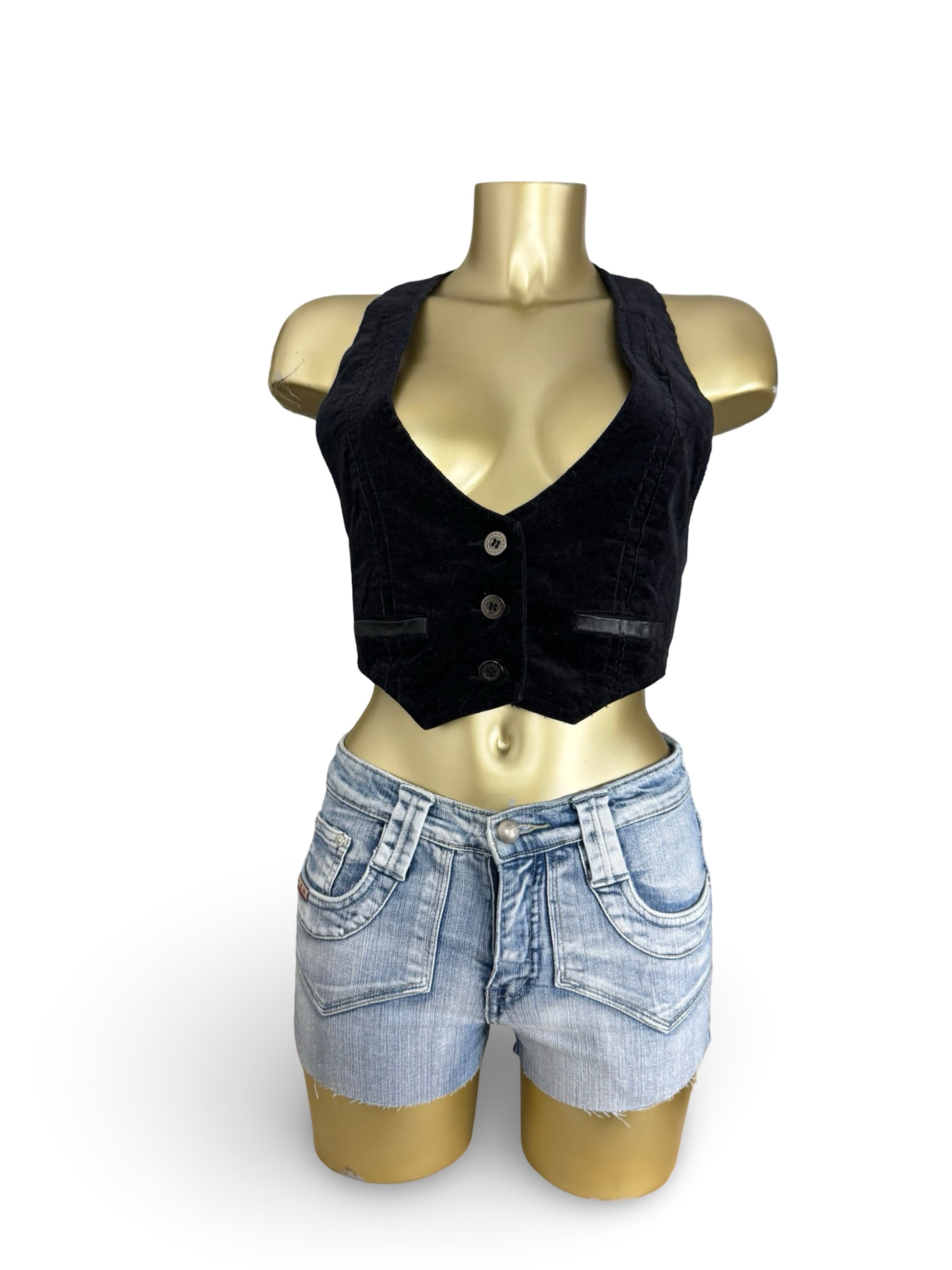 Black velvet tight fit waistcoat sleeveless blazer (M)