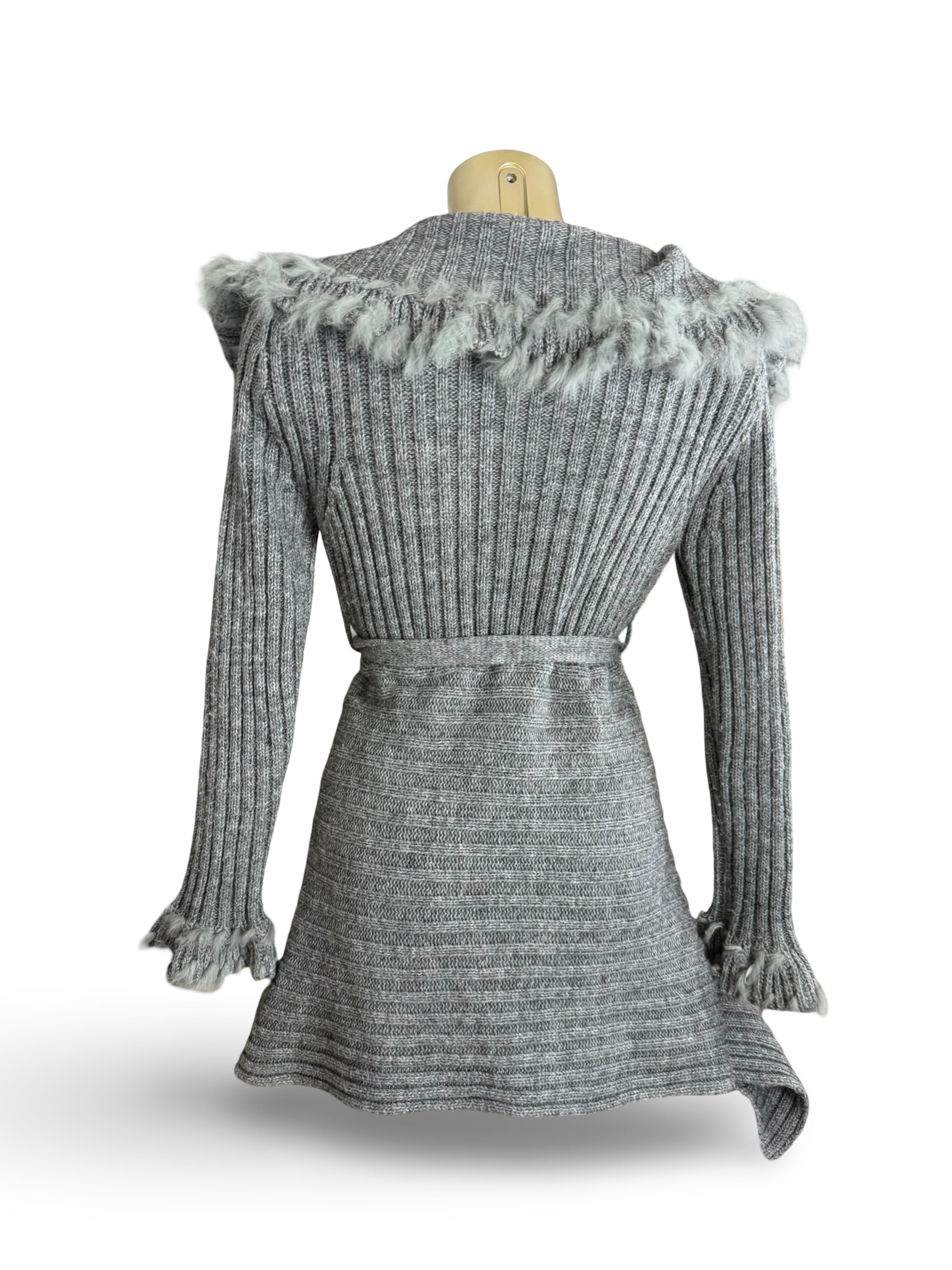 Grey faux fur neck wool maxi cardigan jumper (S/M)