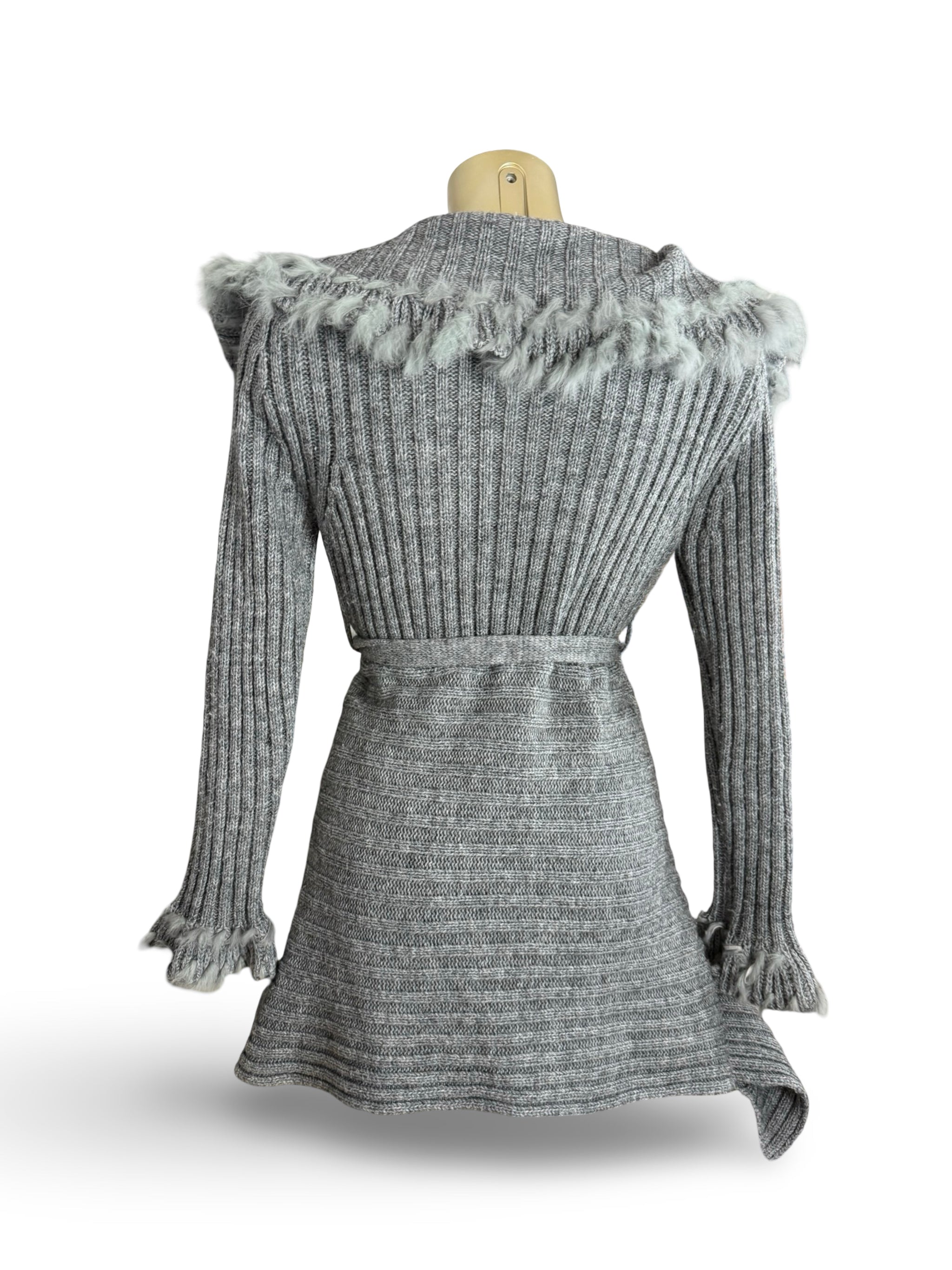 Grey faux fur neck wool maxi cardigan jumper (S/M)
