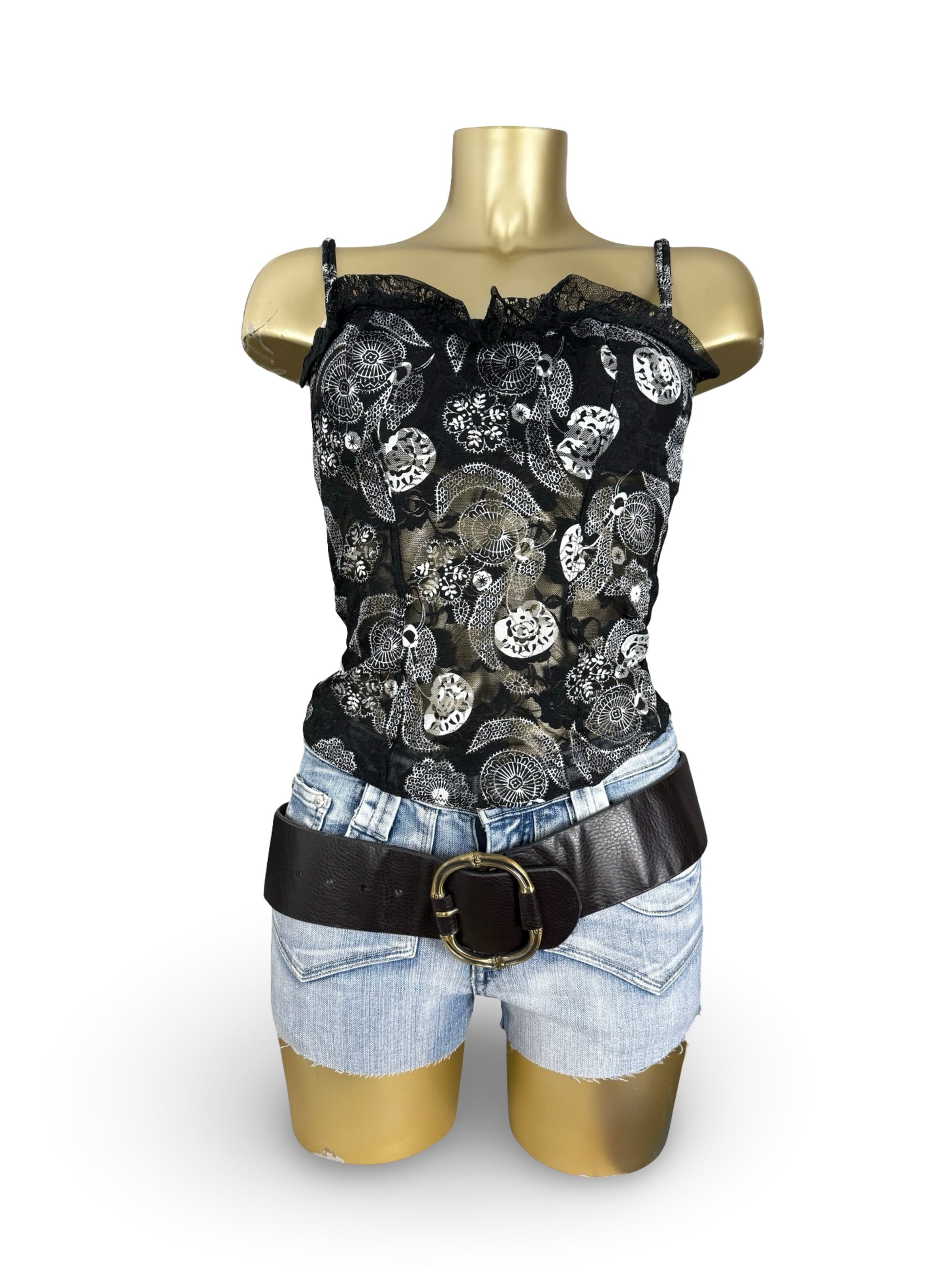 Black mesh graphic corset top (M)