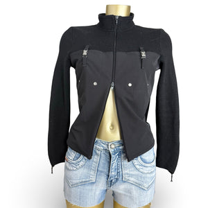 Black zip up bi fabric wool knitted biker jacket (S)