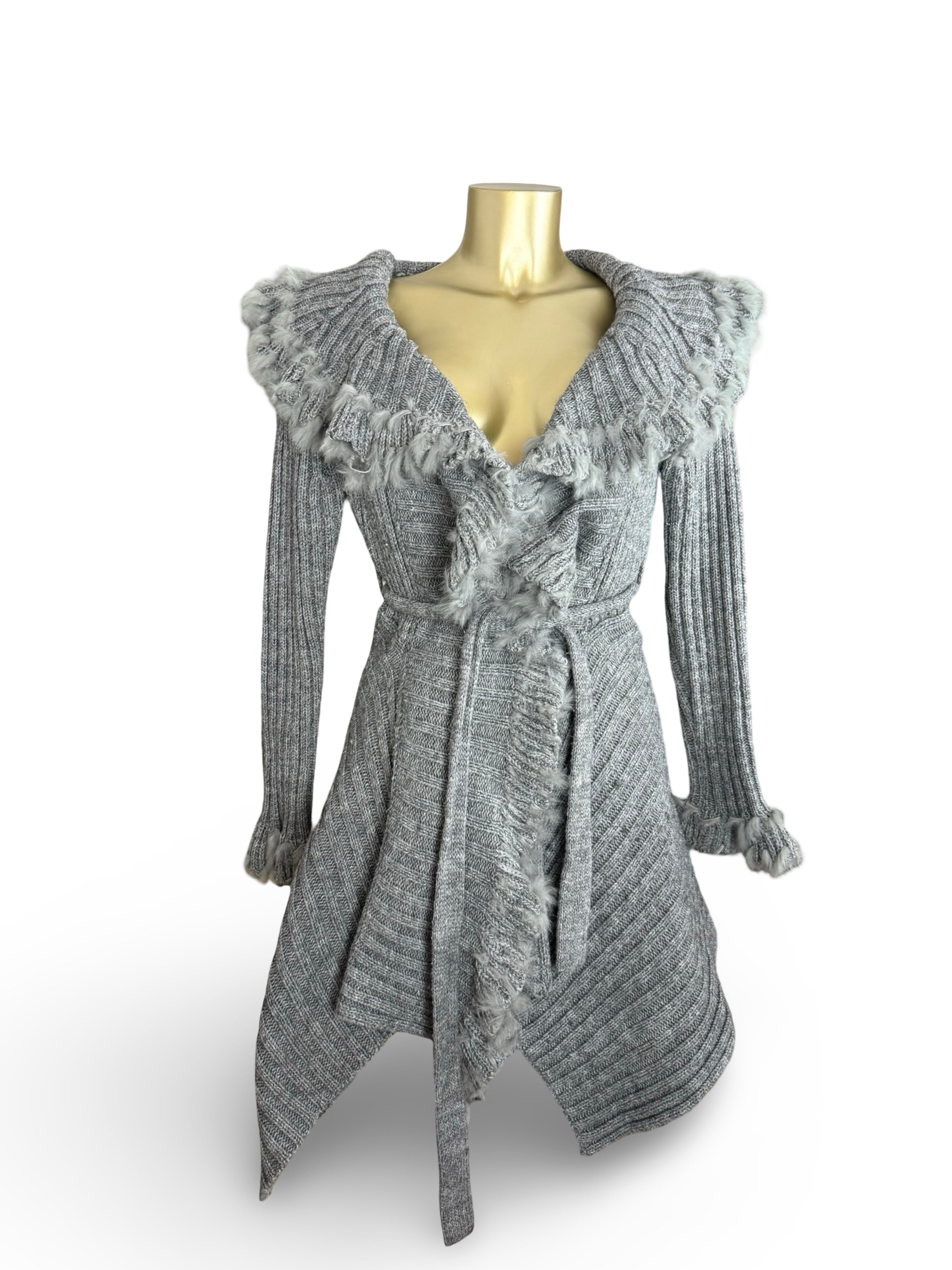 Grey faux fur neck wool maxi cardigan jumper (S/M)
