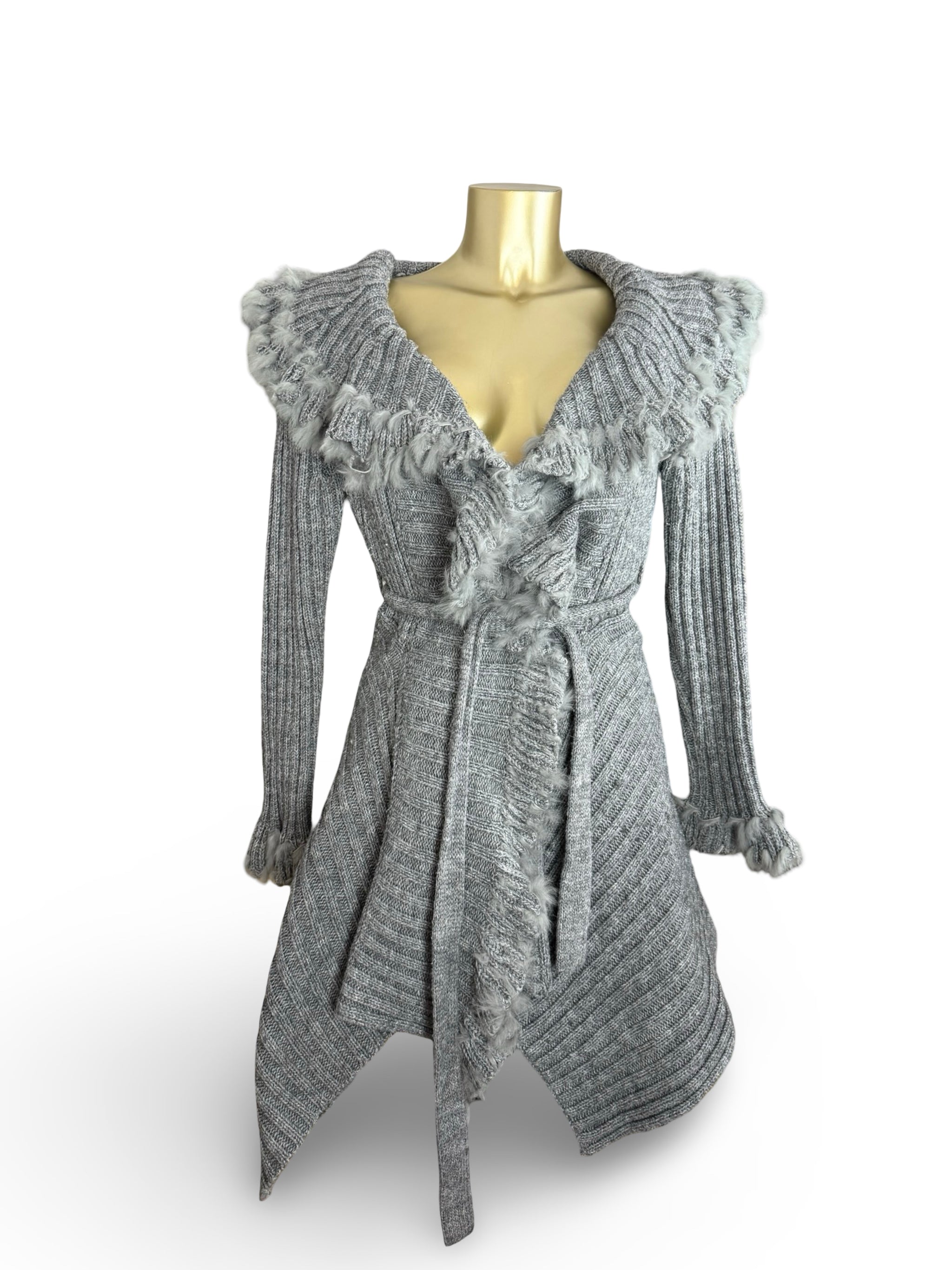 Grey faux fur neck wool maxi cardigan jumper (S/M)