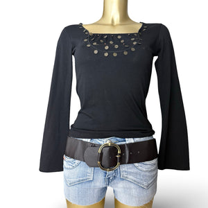 Black cotton sequins flared long sleeves top (S/M)