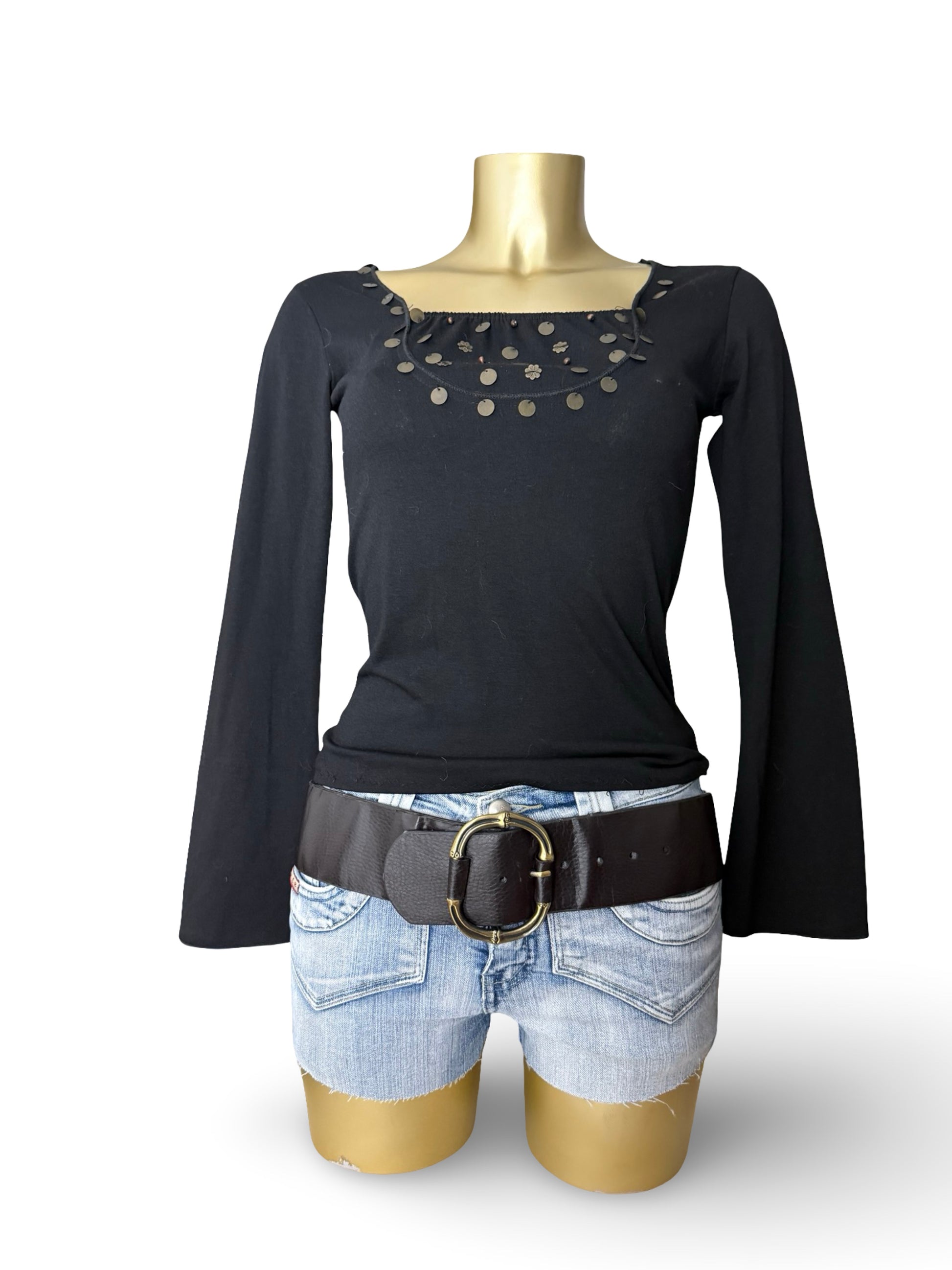 Black cotton sequins flared long sleeves top (S/M)