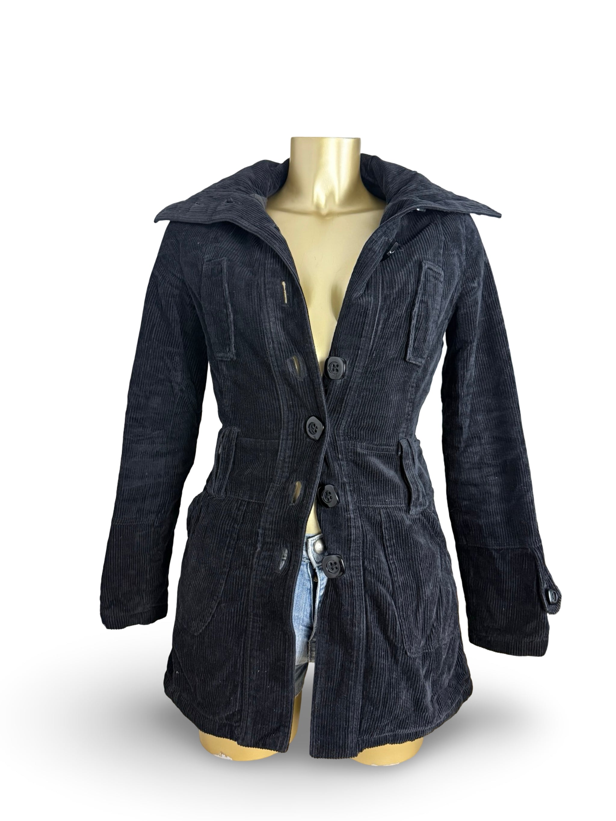 Black velvet ribbed trench coat (S)