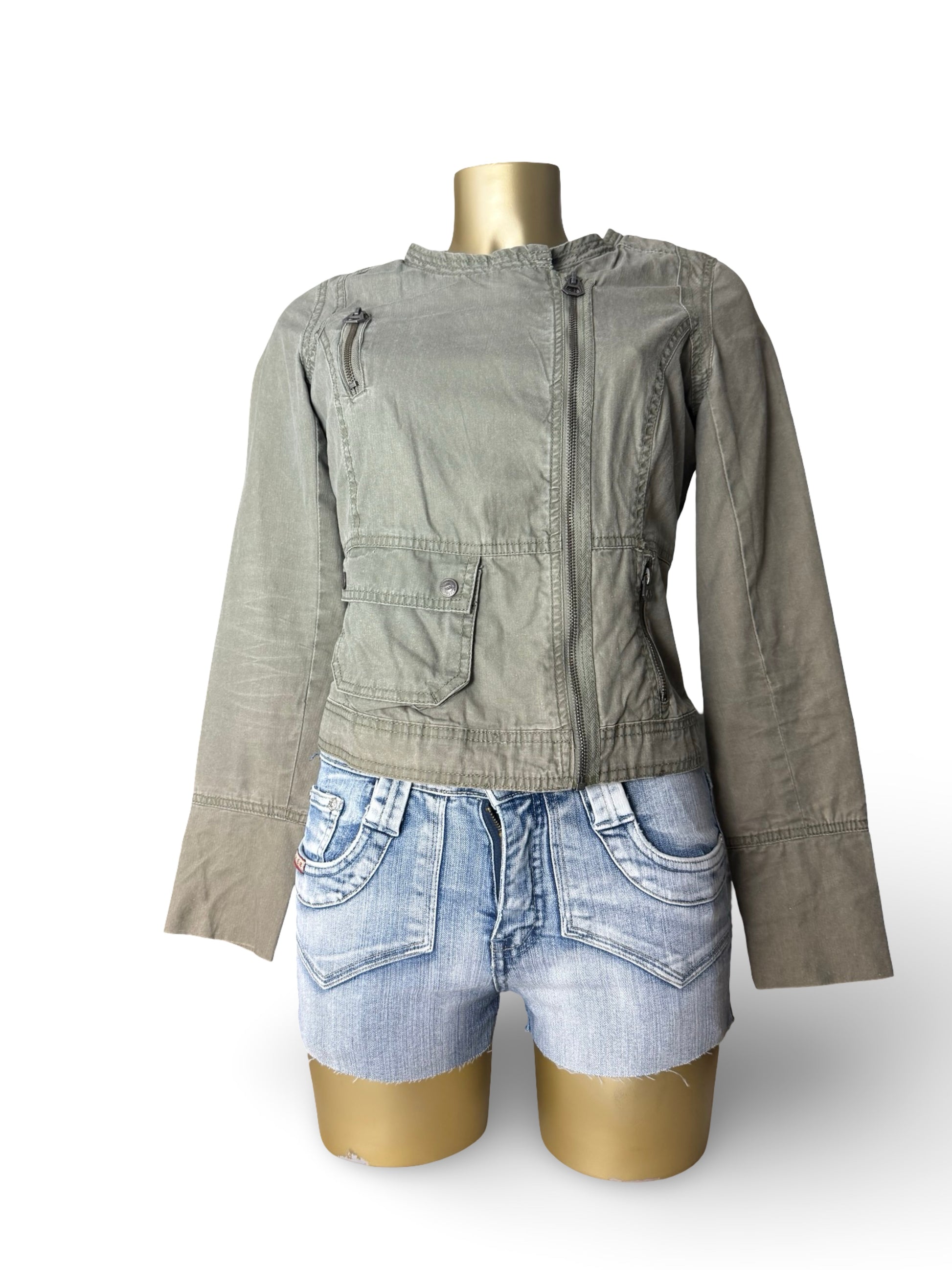 Khaki 100% cotton zip up biker jacket (S/M)