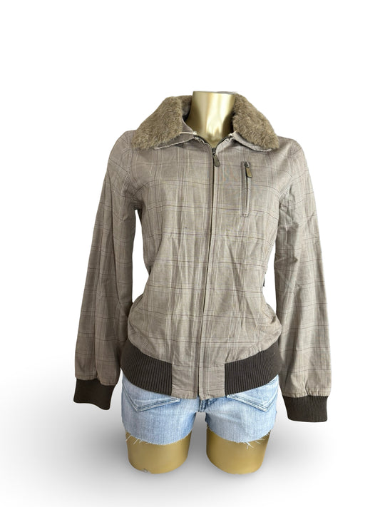 Beige check print faux fur neck biker jacket (L)