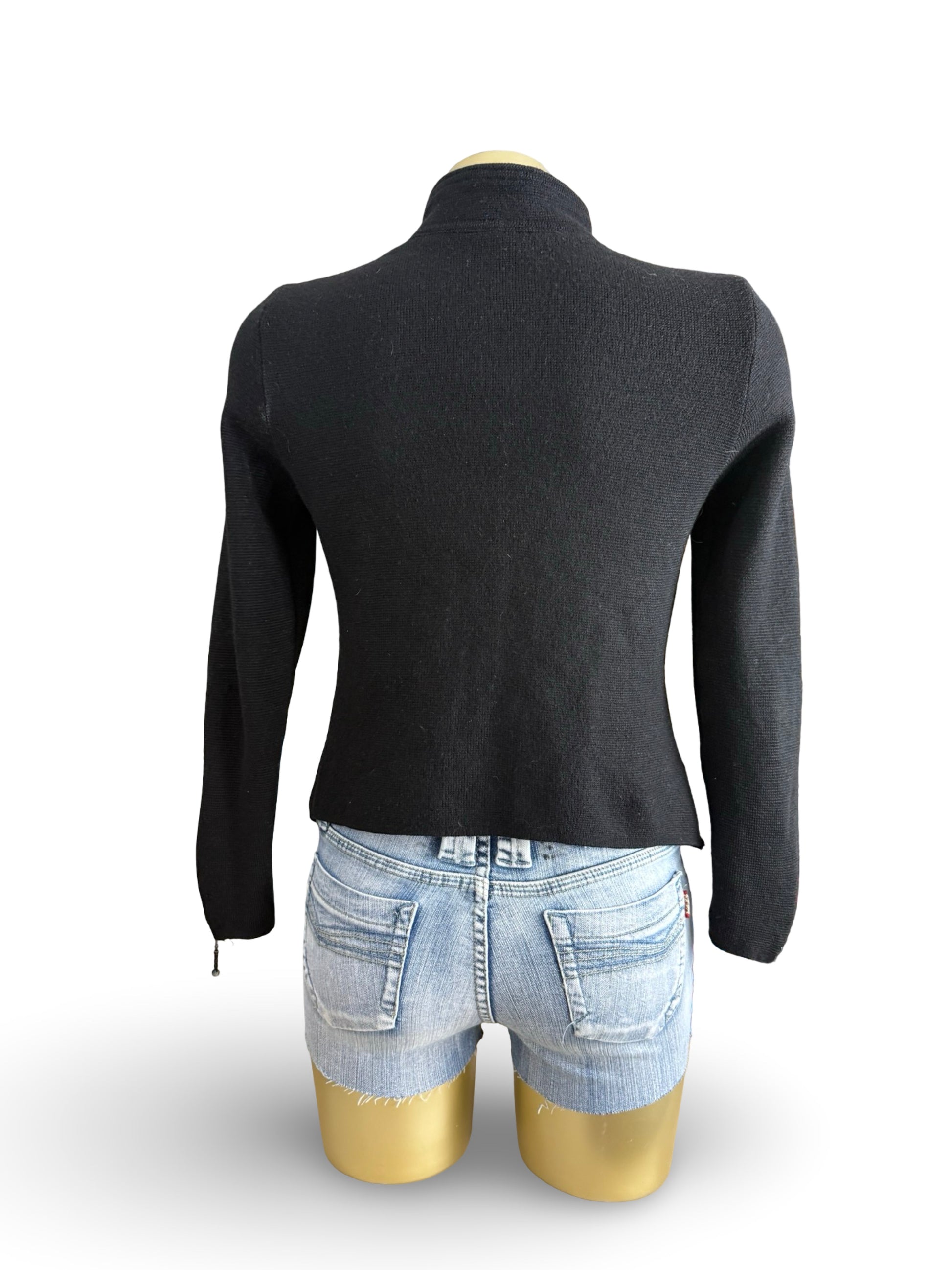 Black zip up bi fabric wool knitted biker jacket (S)