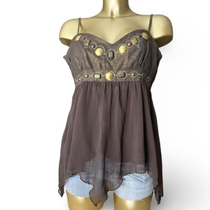 Brown asymmetric pearls 100% linen cami top (XXL)