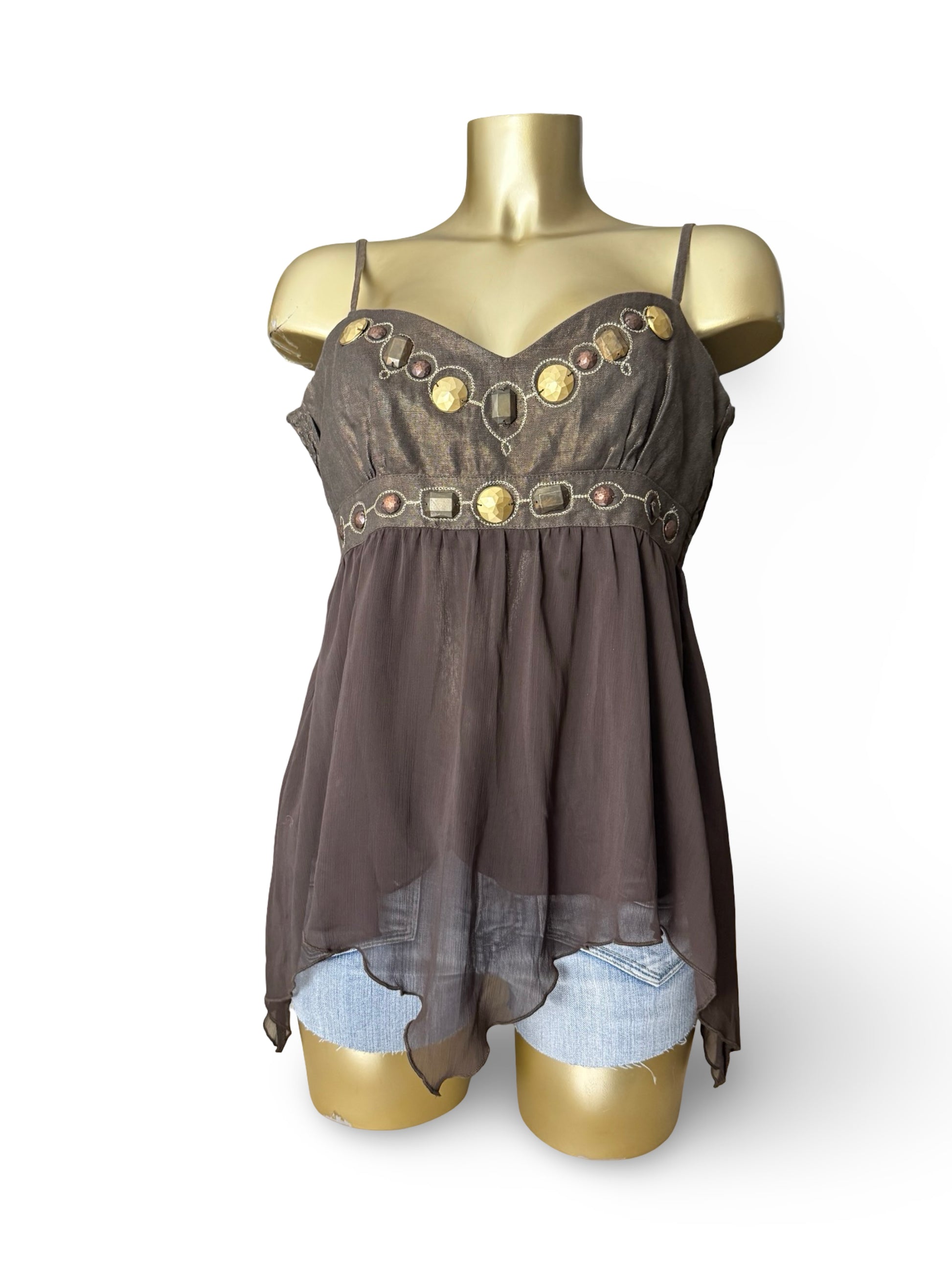Brown asymmetric pearls 100% linen cami top (XXL)