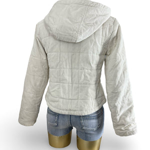 White velvet ribbed tight fit zip up hooded puffer jacket (M/L)