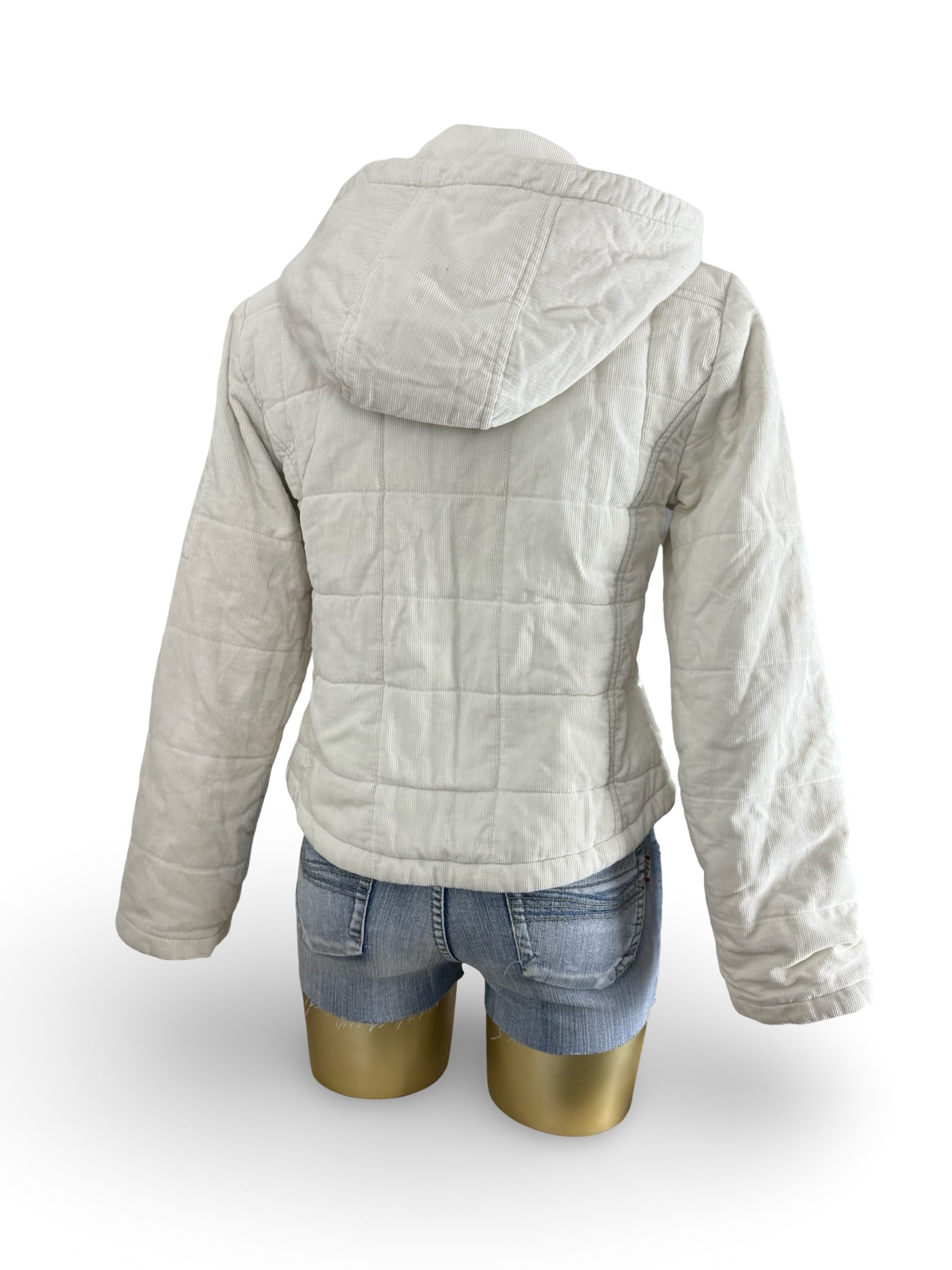 White velvet ribbed tight fit zip up hooded puffer jacket (M/L)