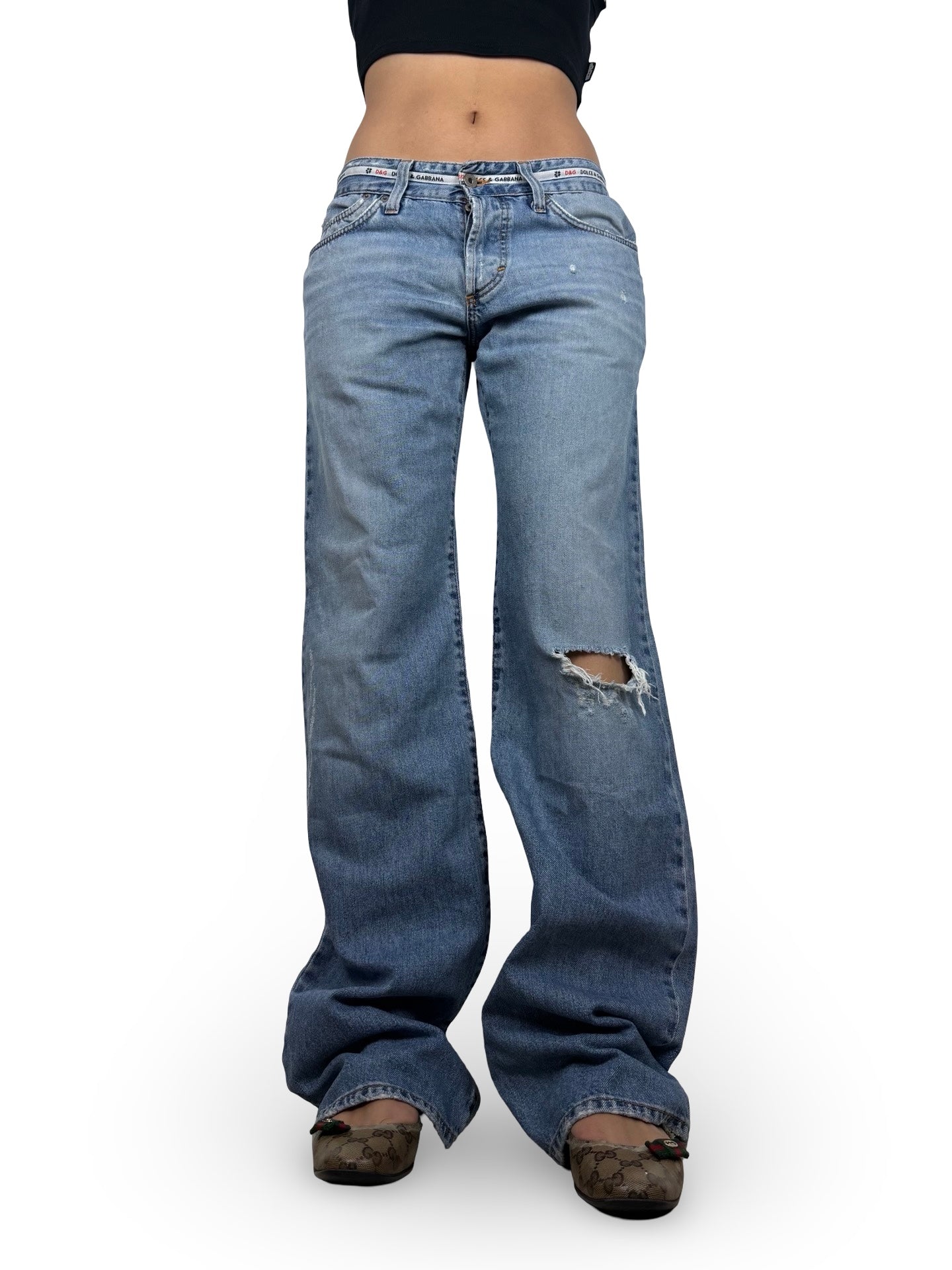 Blue denim low rise baggy pants (M)