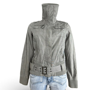 Beige check print zip up biker jacket (M/L)