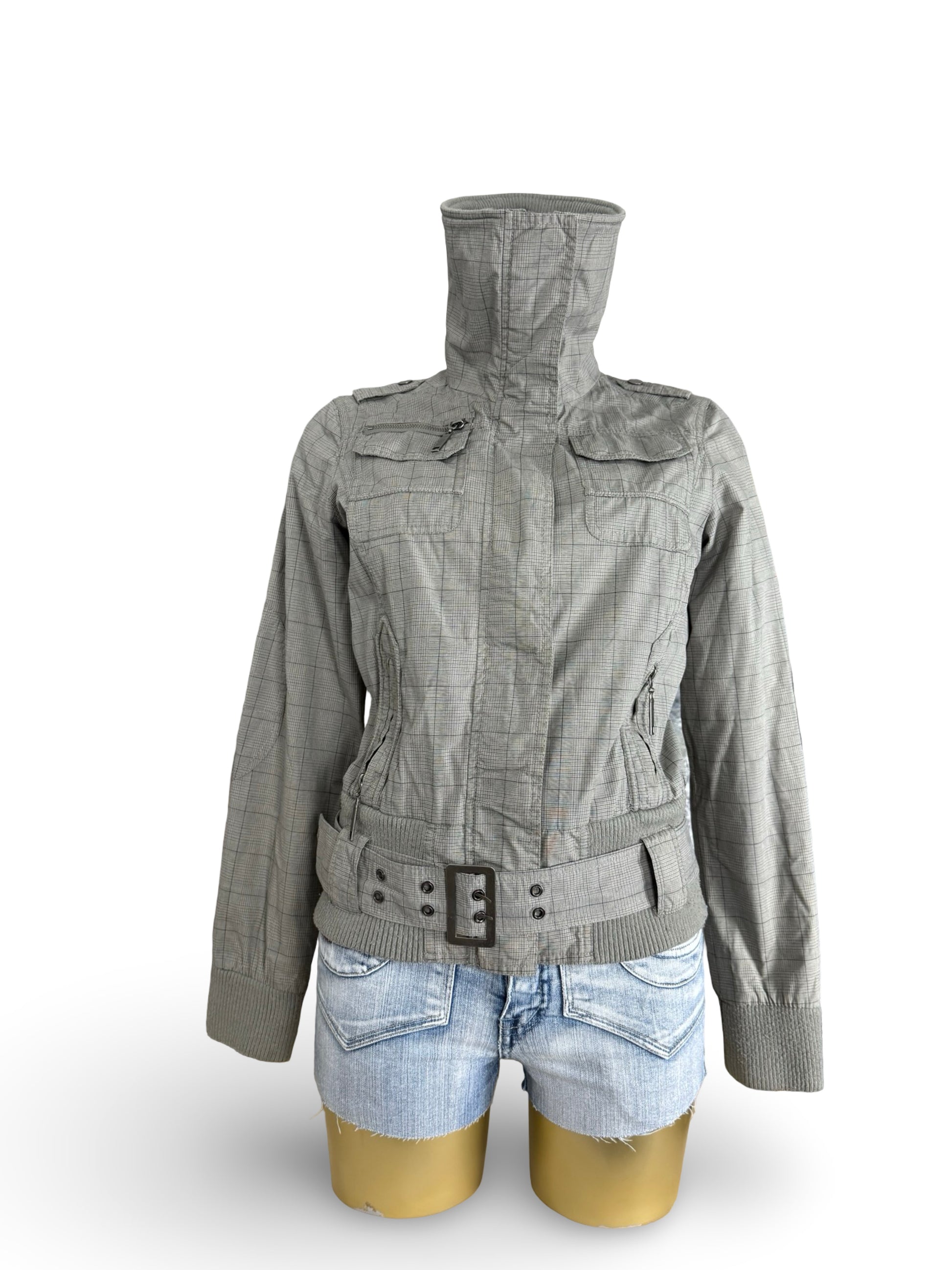 Beige check print zip up biker jacket (M/L)