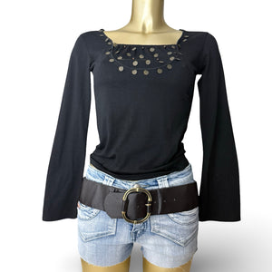 Black cotton sequins flared long sleeves top (S/M)