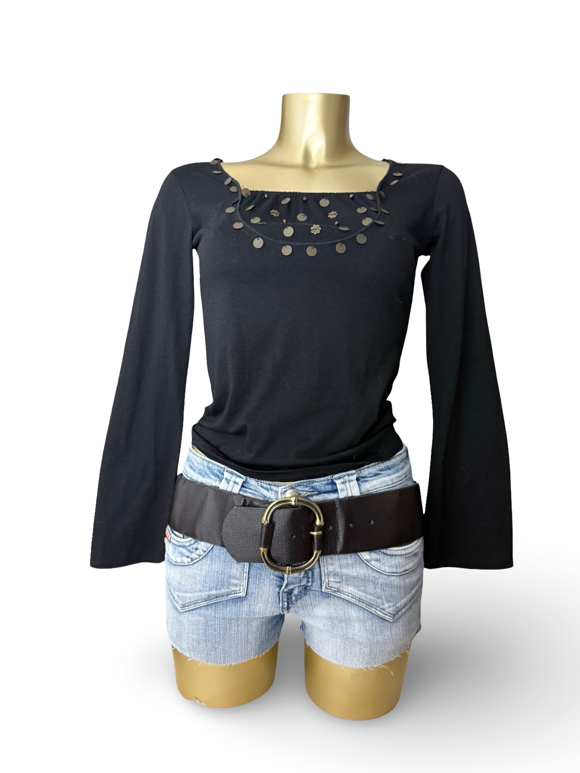 Black cotton sequins flared long sleeves top (S/M)