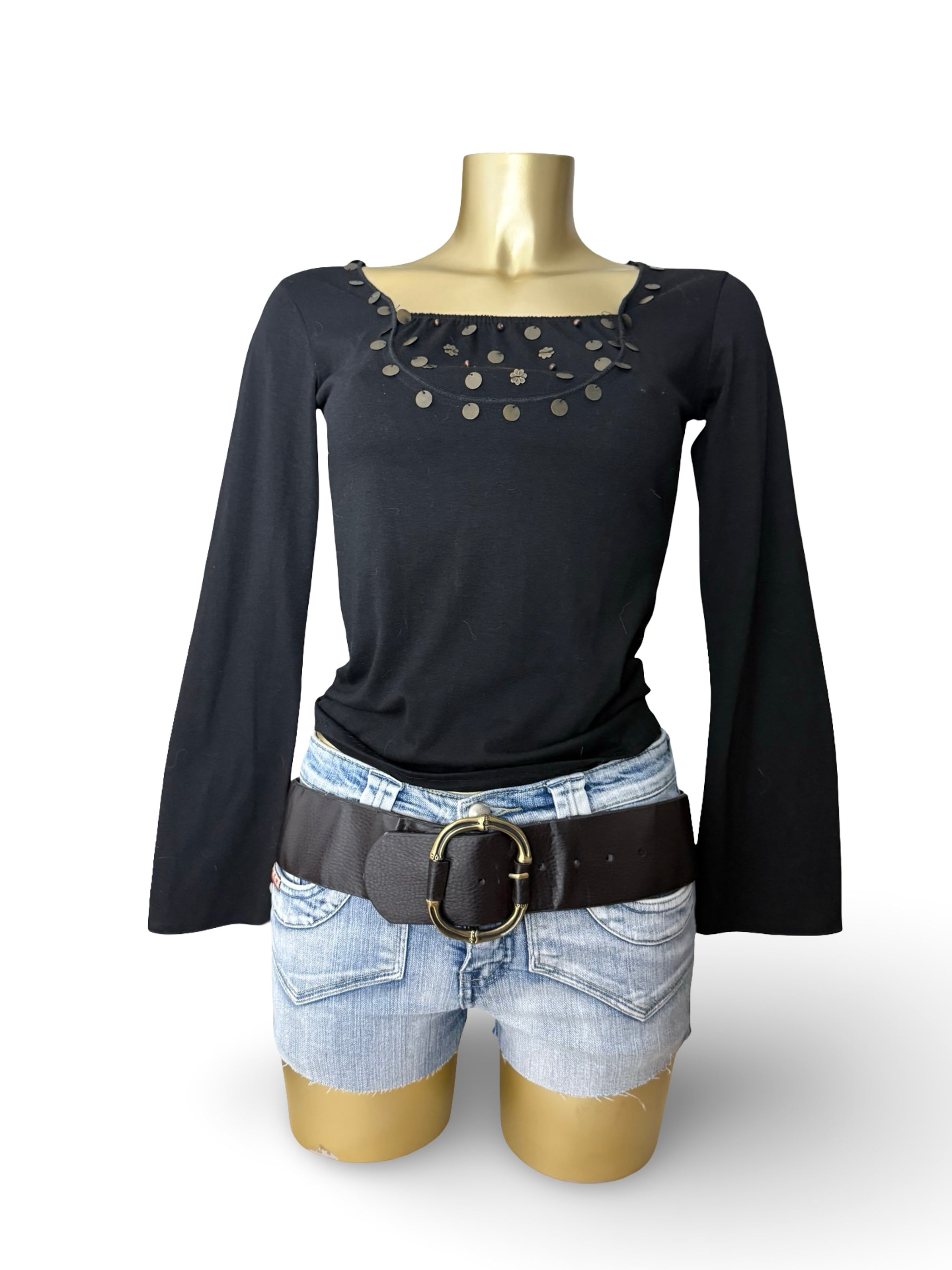 Black cotton sequins flared long sleeves top (S/M)