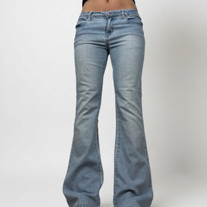 Blue denim low rise embroidered flared pants (S/M)