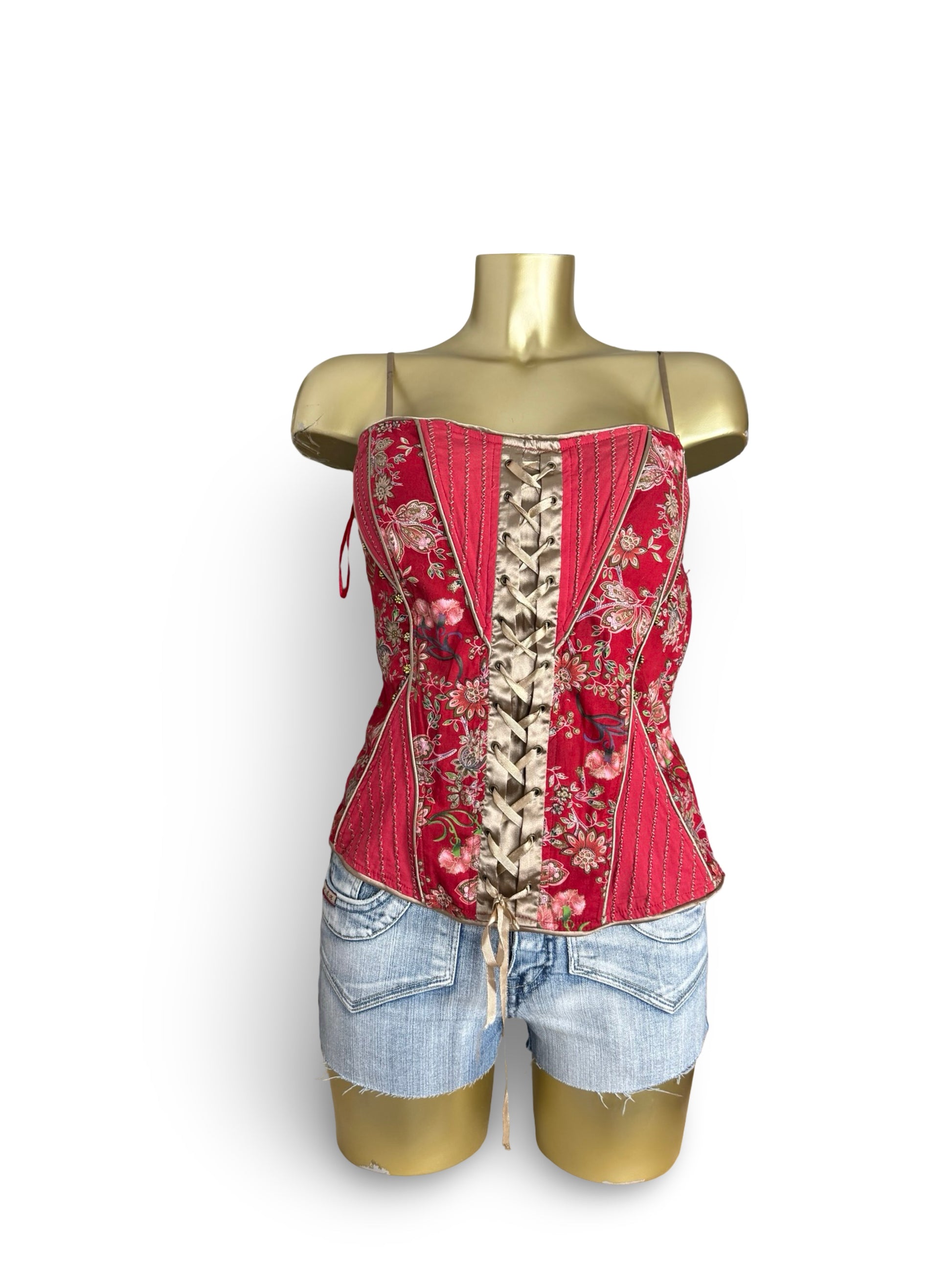Red graphic lace up corset top (M/L)