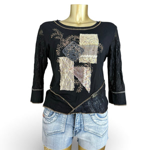 Black patchwork bi fabric mesh long sleeves top (XL)