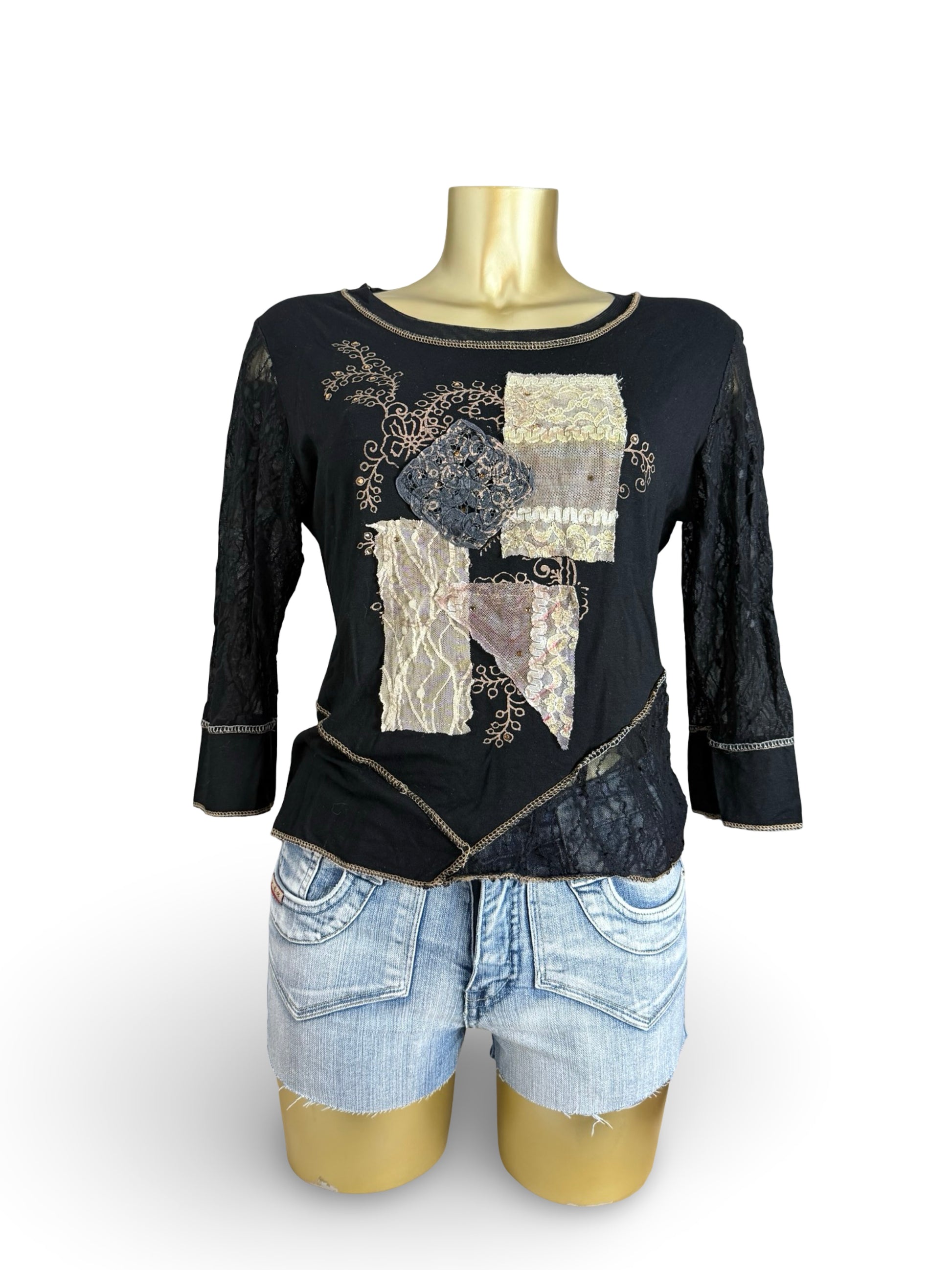 Black patchwork bi fabric mesh long sleeves top (XL)