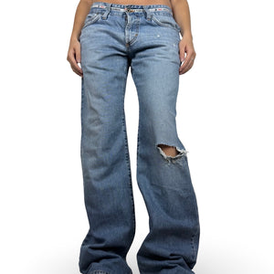 Blue denim low rise baggy pants (M)