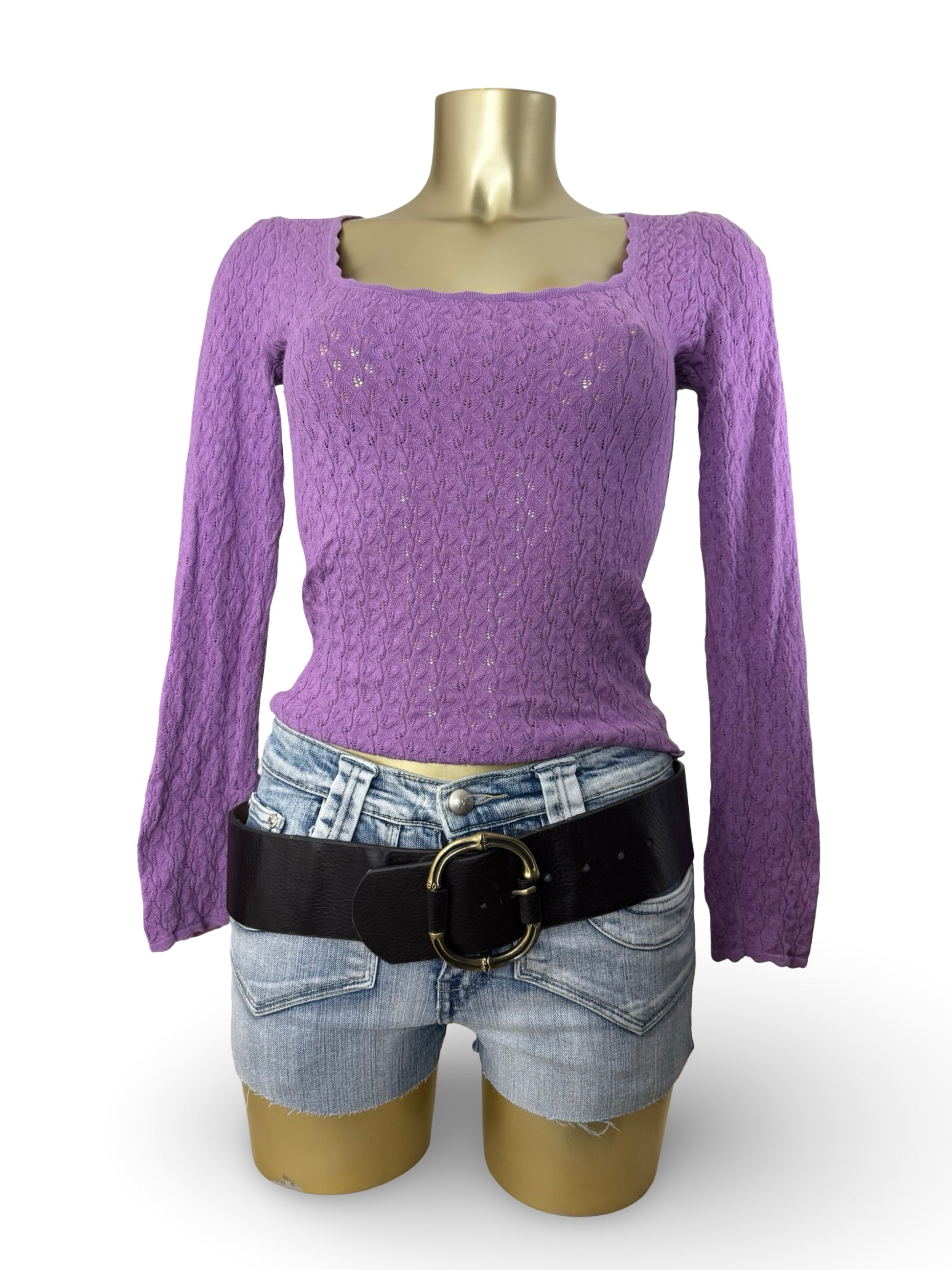 Purple lilac square neck tight fit long sleeves top (S)