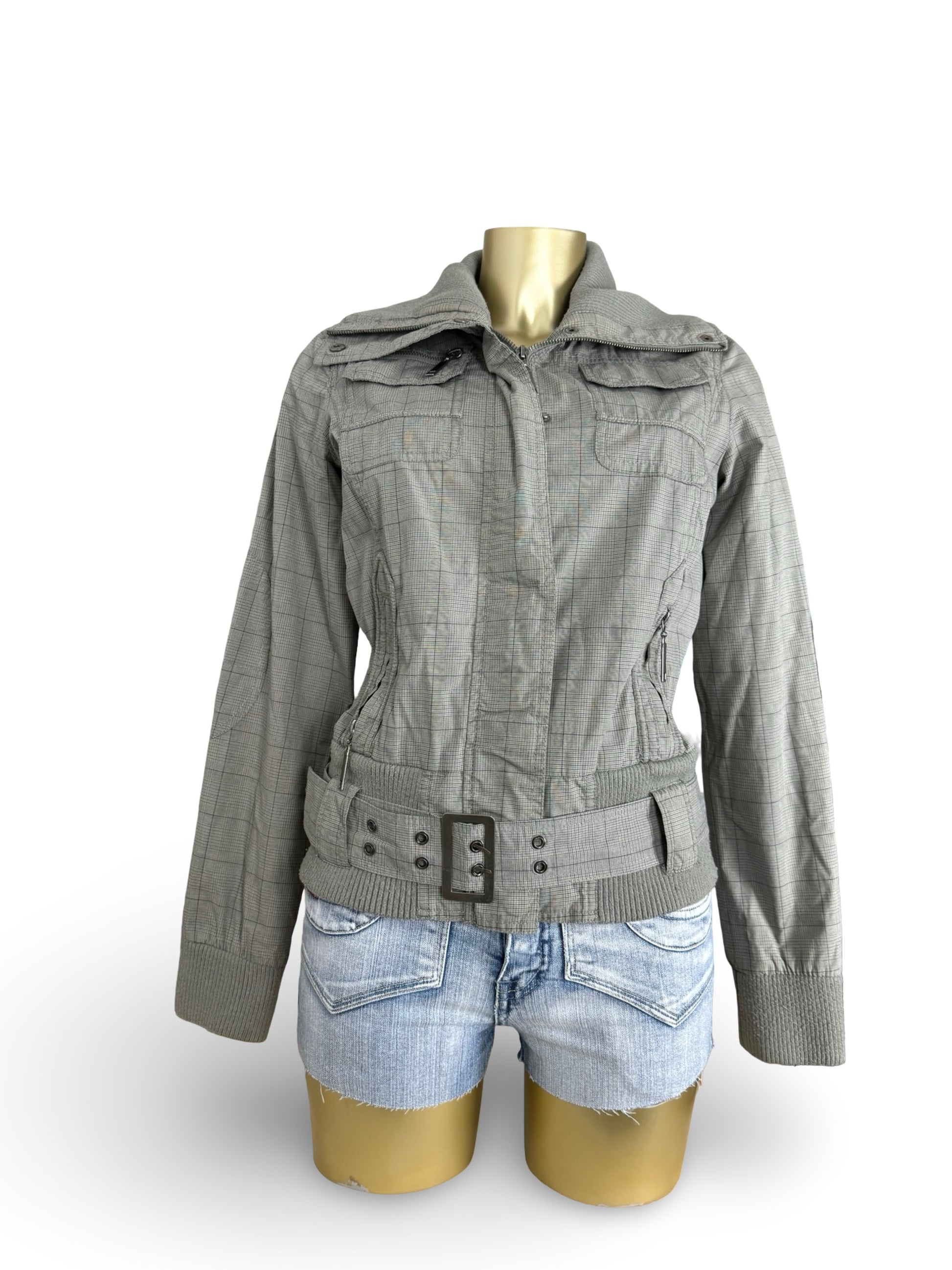 Beige check print zip up biker jacket (M/L)