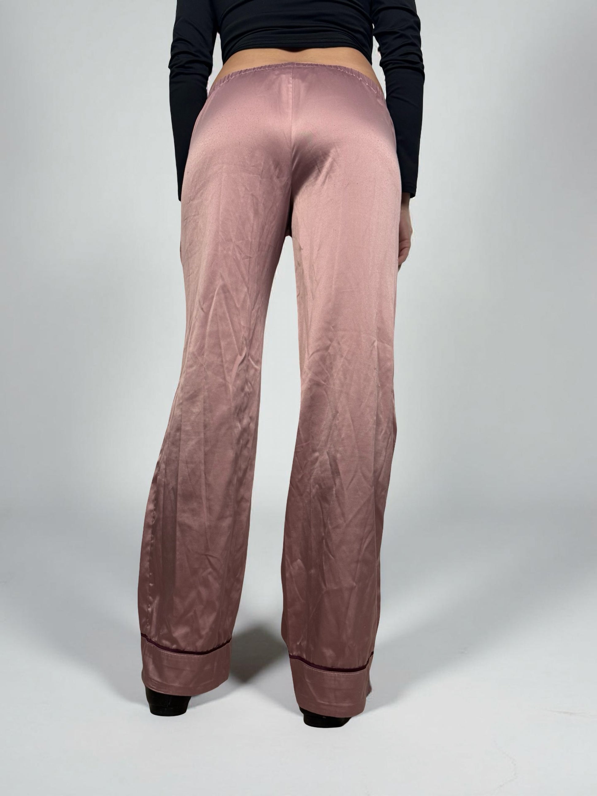 Pink silky low rise flare pants (S)