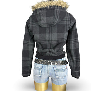 Grey check print inside fur zip up winter hooded biker jacket (S/M)