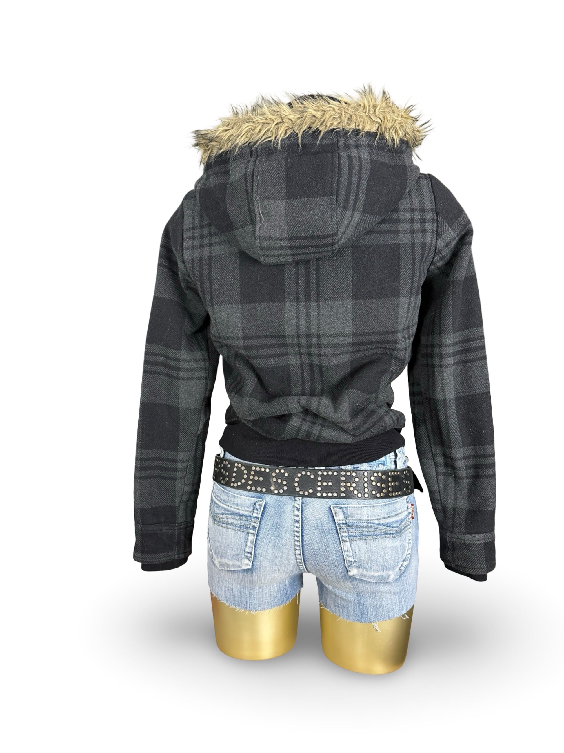 Grey check print inside fur zip up winter hooded biker jacket (S/M)