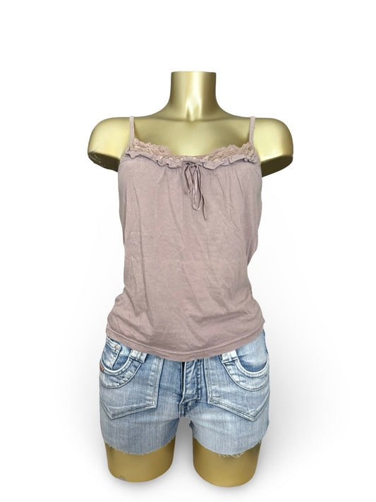 Beige 100% cotton lace neck cami top (L)