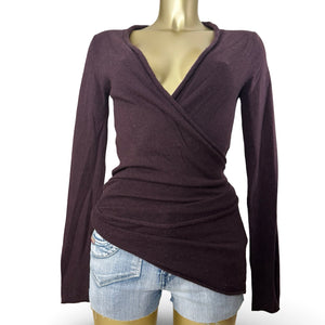 Brown 100% wool & cashmere tight fit wrap cardigan jumper (S/M)