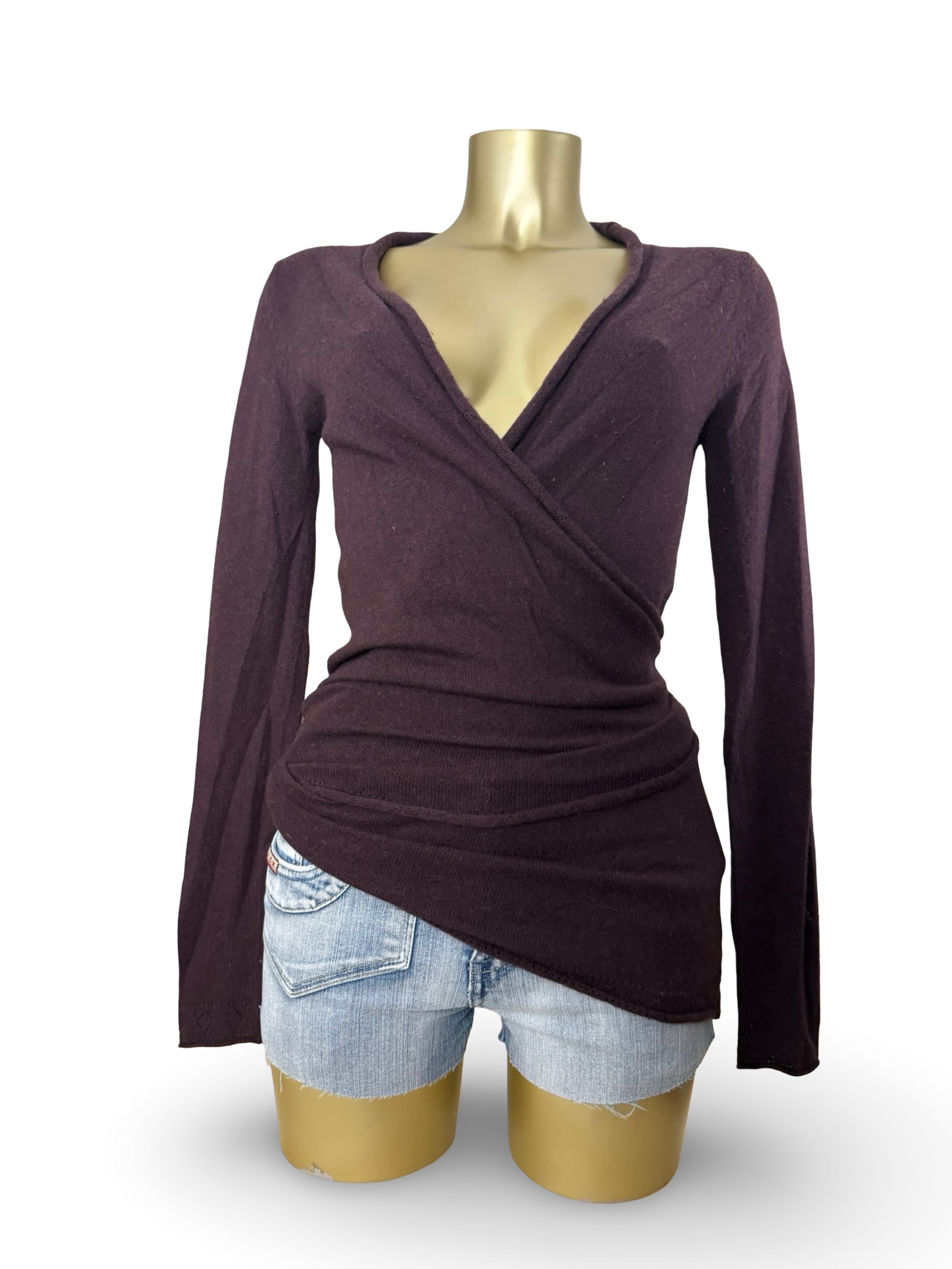 Brown 100% wool & cashmere tight fit wrap cardigan jumper (S/M)