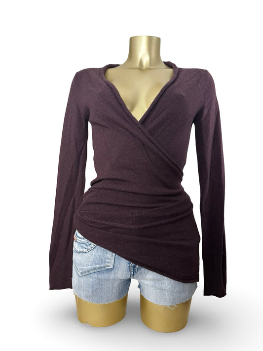 Brown 100% wool & cashmere tight fit wrap cardigan jumper (S/M)