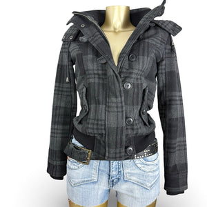Grey check print inside fur zip up winter hooded biker jacket (S/M)