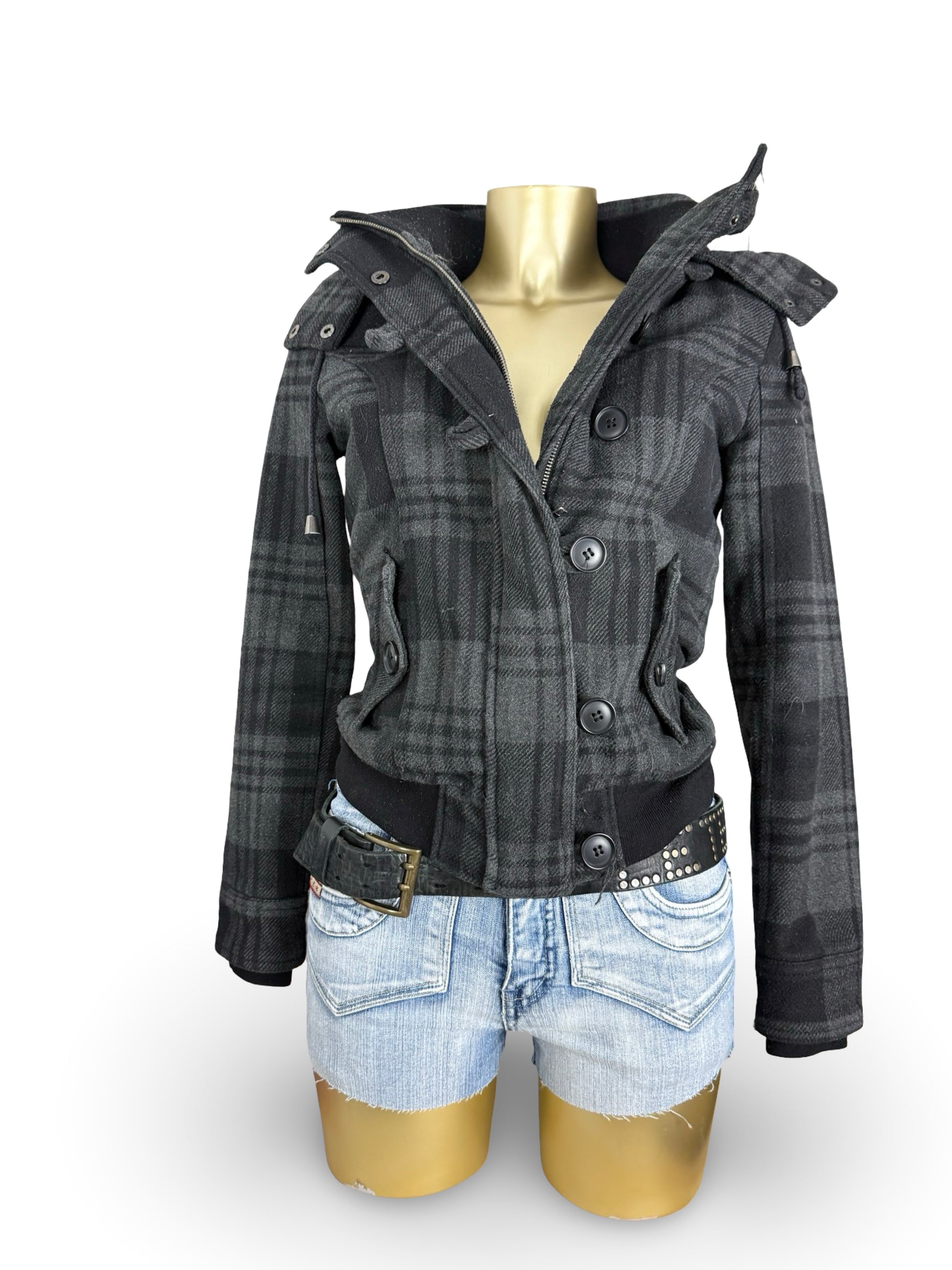 Grey check print inside fur zip up winter hooded biker jacket (S/M)