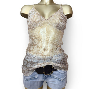 Beige graphic real silk mesh asymmetric top (M)